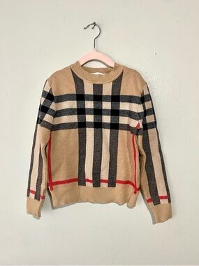 Burberry Beige Plaid Sweater with Black & Red Trim - Kids